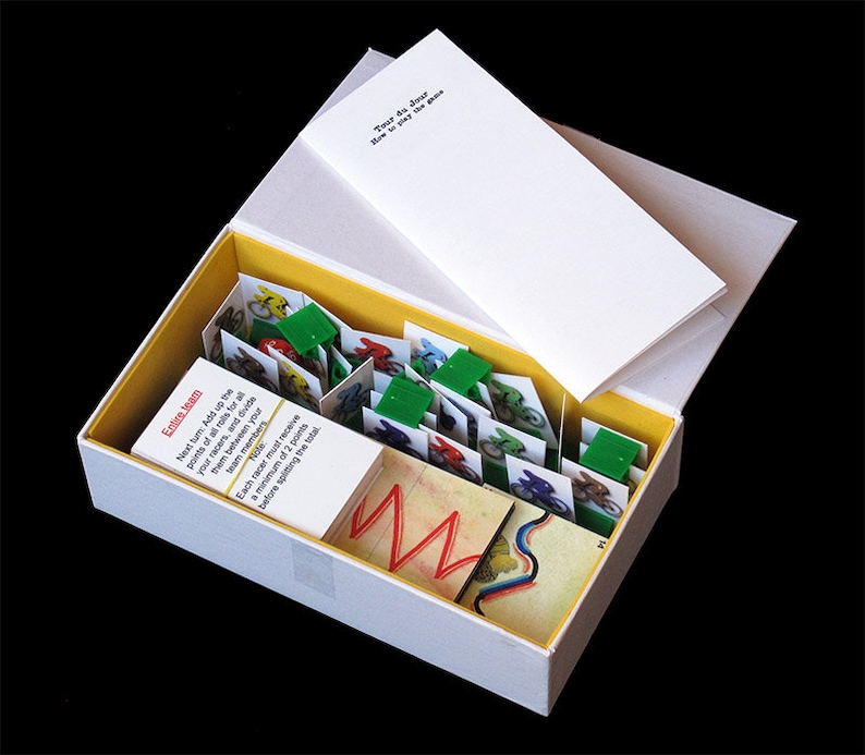 Pu&ograve; includere: Una scatola bianca con un interno giallo che contiene un gioco con carte e istruzioni. Il gioco si chiama "Entice Team" e le istruzioni dicono: "Prossimo turno: Somma i punti di tutti i tiri per tutti i tuoi corridori e dividili tra i membri del tuo team. Ogni corridore deve ricevere un minimo di 2 punti prima di dividere il totale. La scatola include anche un piccolo libretto con il testo "Il tuo compito ora &egrave; giocare al gioco".