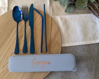 BLUE Personalised Stainless Steel Travel Cutlery Set | Navy Reusable Cutlery Set | Utensil Set | 6 Piece Utensil Set | Camping Utensils