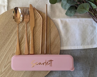 PINK Personalised Stainless Steel Travel Cutlery Set | Rose Gold Reusable Cutlery Set | Utensil Set | 6 Piece Utensil Set | Camping Utensils