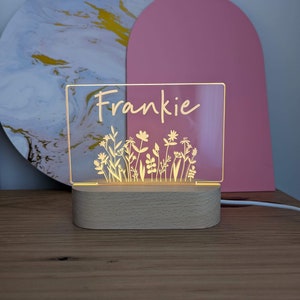 Personalised Wild Flowers Floral LED Night Light, Custom Light, Personalised Gift, Kids Light, Wooden Base