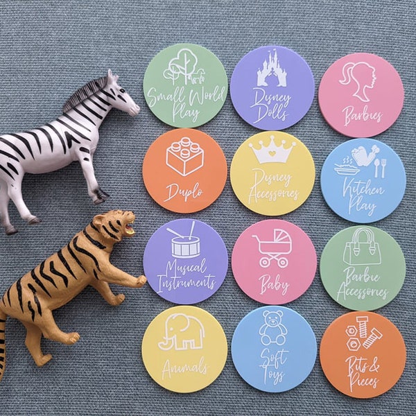 Acrylic Circle Toy Label Tags | Play Room Labels | Toy Organisation Tags | Toy Room Labels | Toy Storage | Nursery Decor |