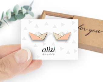 Origami Paper Boat White Painted Wood Stud Earrings Sailor Captain Cute Boating Jewelry
