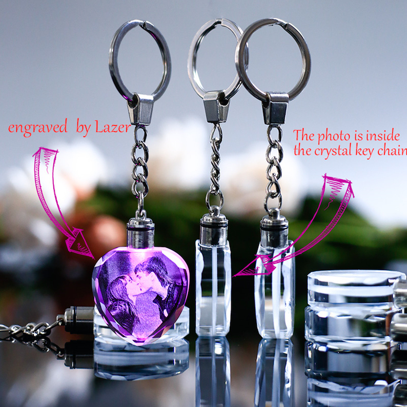 3D Laser Engraved Crystal Photo Keychain Heart Personalized Etsy