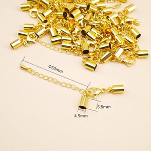 10 Sets Gold Plated Leather Cord Ends with Lobster Clasp & Extender Chain, 4.5mm ID Barrel End Caps, Jewelry Making Connectors Findings