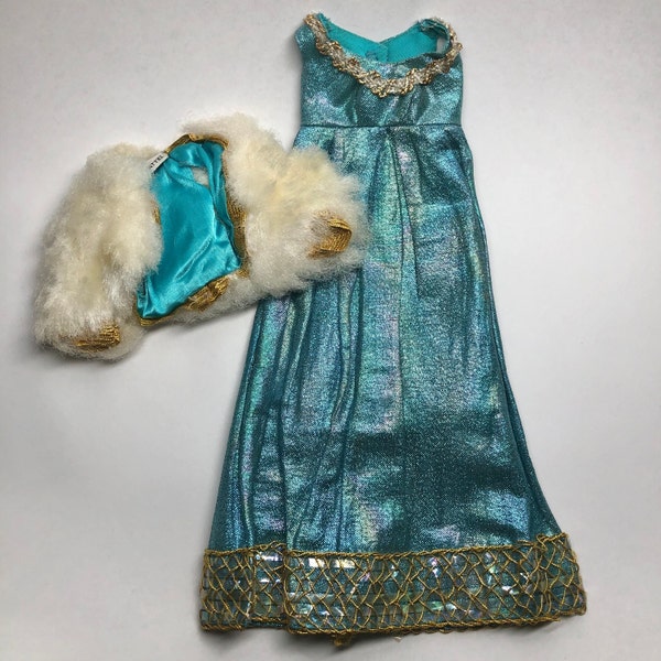 1970 Barbie BLUE ROYALTY #1469 Maxi Dress & Fur Jacket - Gold Trim - 70s, Mod Era, Mattel