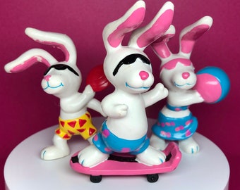 80s Beach Bunny Rabbit Figures - Lot of 3 - Skateboarding, Frisbee, Beach Ball - 3" Applause - Vintage