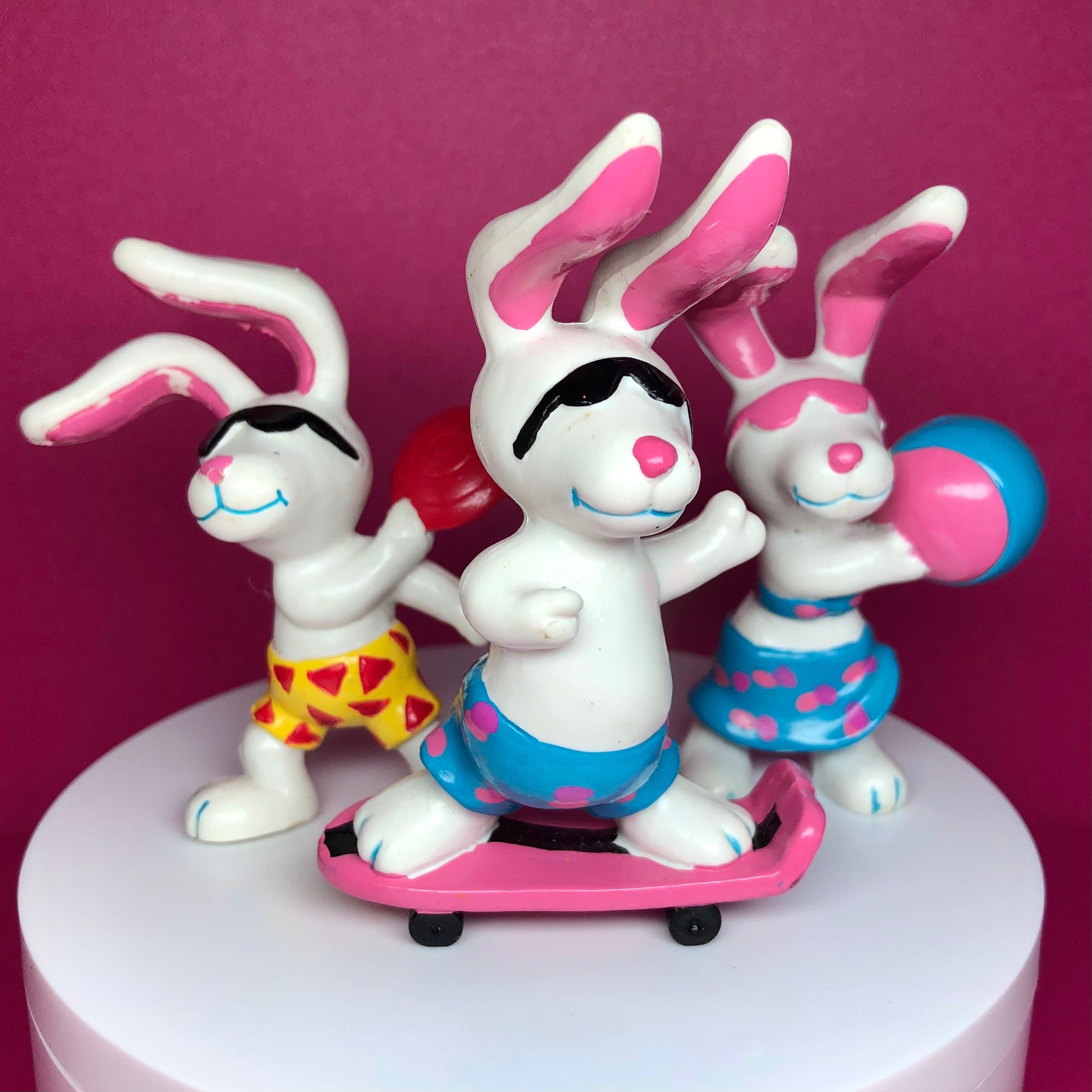 80s Beach Bunny Rabbit Figures - Lot of 3 - Skateboarding, Frisbee