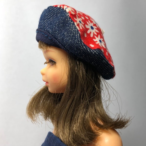 60s Floral / Denim Beret Doll Hat - Fits Francie / Tammy Family Dodi - Vintage