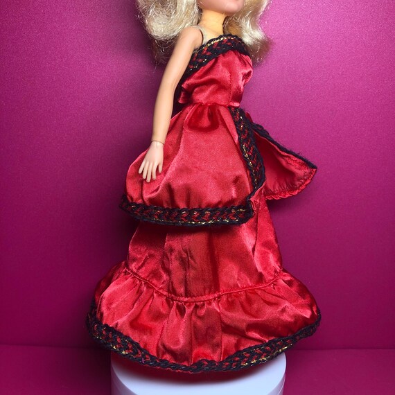 Vintage Sindy Size Doll Red Ruffle Dress - Strapless - 70s