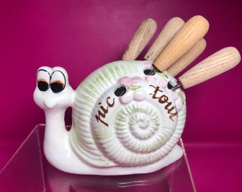 60s SNAIL Ceramic Holder W/ Food Picks - Cheese / Escargot Forks