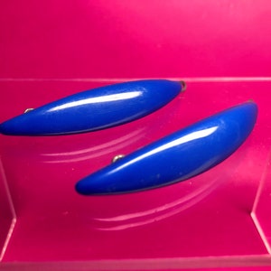 80s Blue Plastic Barrettes -  Set of 2  - Oblong Shape, Metal Backing - Goody USA