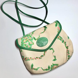 Vintage Longchamp / Bagatelle Floral Canvas & Leather Crossbody Purse - Green Strap - 80s