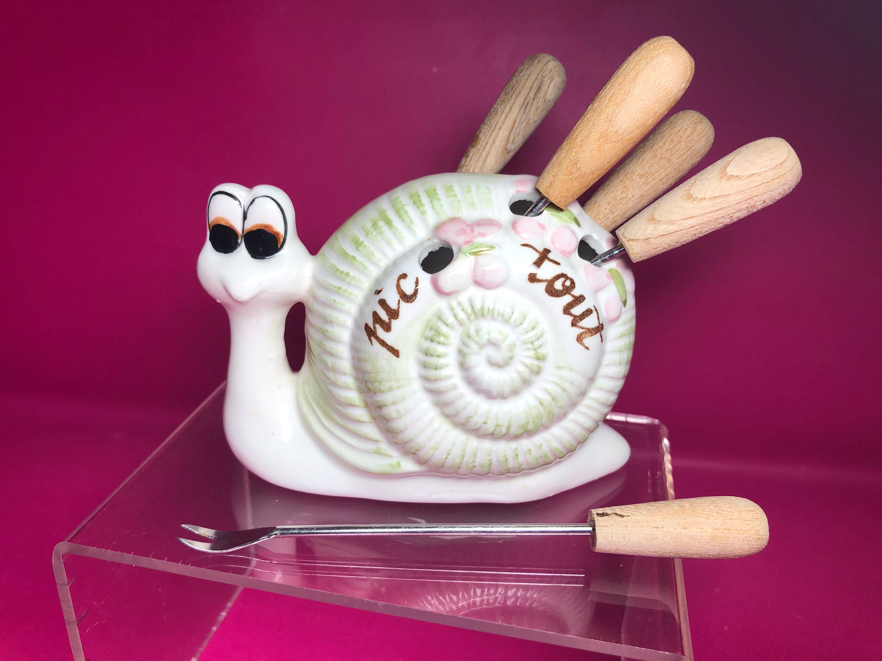 60s SNAIL Ceramic Holder W/ Food Picks - Cheese / Escargot Forks