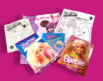 May include: A collection of vintage Barbie instruction booklets and guides, featuring illustrations and text. Titles include "Twirly Curls," "World of Fashion," and "Cut & Style." The covers showcase Barbie dolls and various hairstyles, set against a pink background.