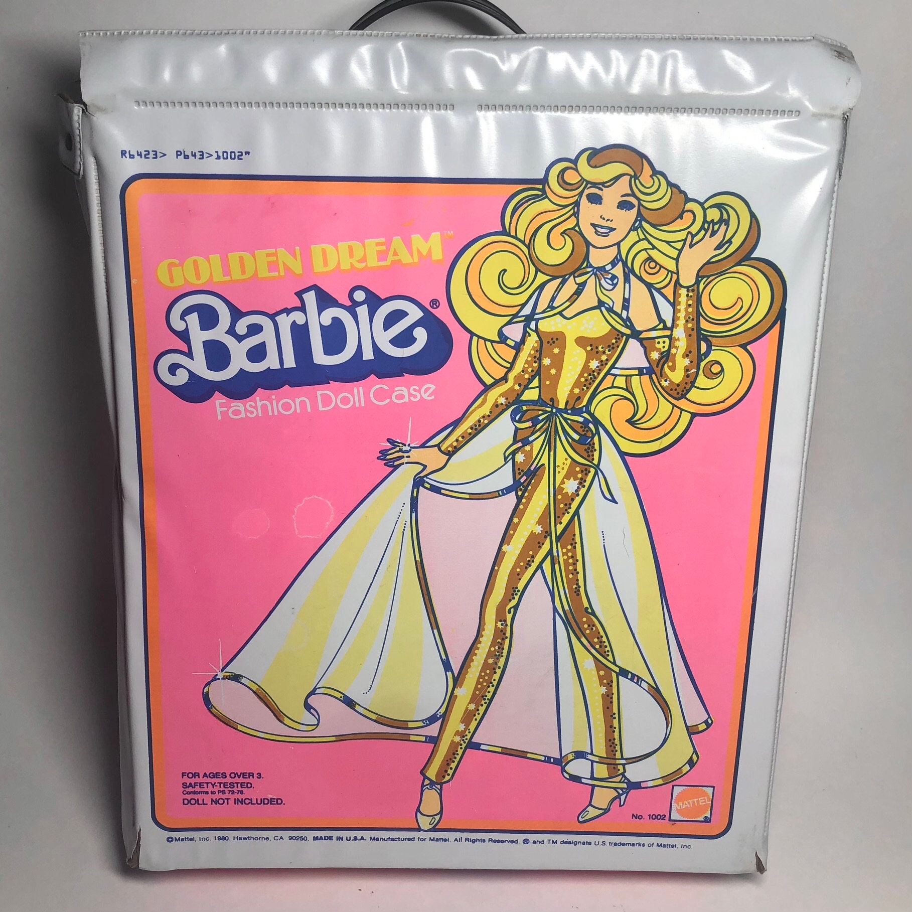 1980s MATTEL BARBIE FASHION DOLL CASE #1004 WHITE PINK VINYL PLASTIC HANDLE  USED