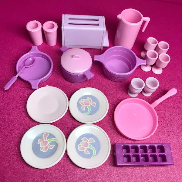 80s Barbie Dream Kitchen - 21 piece Accessories Lot - Dishes, Pots, Pans, Toaster, Utensils - Mattel - Vintage