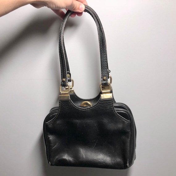 Vintage 60s 70s Black Leather Handbag - image 1