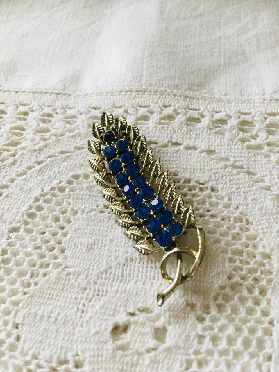 Broche Ancienne Perles Et Pierre Bleue - Bijou Vintage Plaqué Or, Occasion