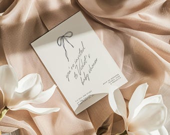 Modello di invito per baby shower con fiocco minimalista (modificabile da Canva)