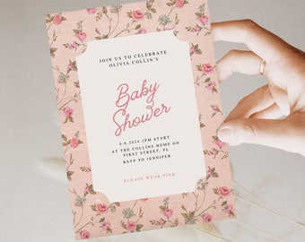 Modello di invito floreale Coquette, rose, fiocco vintage (download digitale)