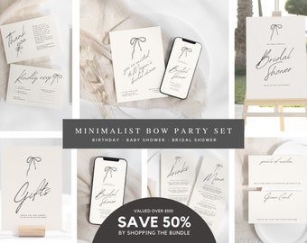 Minimalist Bow Party Invitation Bundle, Editable Canva Template (Digital Download)