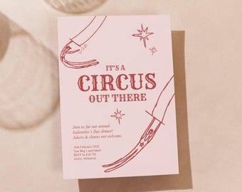 Modello di invito per il giorno di San Valentino, estetica circense vintage, Fun House, "È un circo là fuori", modello di invito stampabile A5