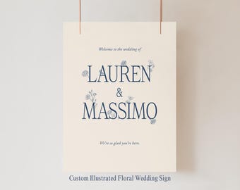 Cartello personalizzato per matrimonio, cartello di benvenuto illustrato personalizzato per matrimonio, cartello moderno con fiori personalizzati per matrimonio