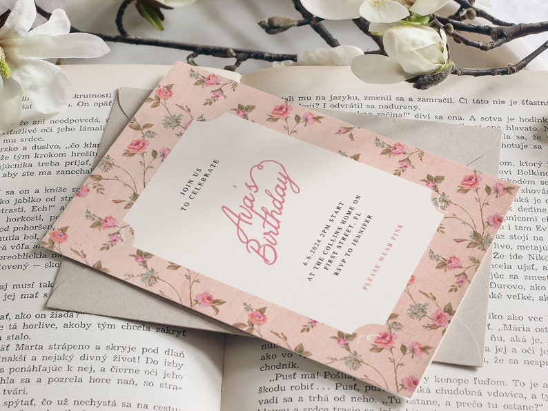 May include: A pink floral invitation with a white border and the text "Join us to celebrate Ava's Birthday" in pink script. The invitation details the date, time, and location of the party, which is at The Collins Home on First Street. The invitation also includes the RSVP information and the text "Please wear pink".