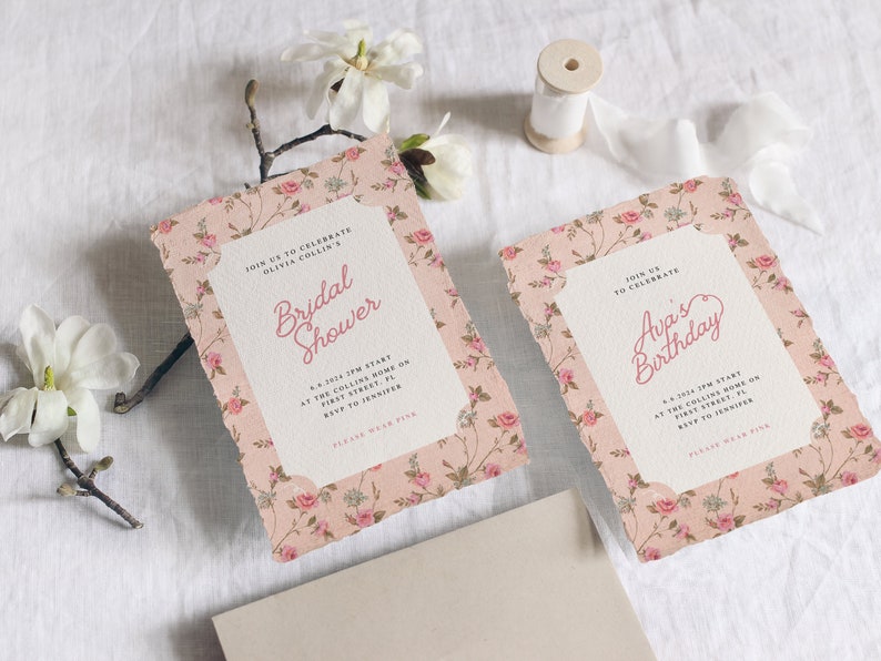 May include: Two floral patterned invitations with pink and white flowers. The top invitation says "Join us to celebrate Olivia Collin's Bridal Shower" and the bottom invitation says "Join us to celebrate Ava's Birthday".