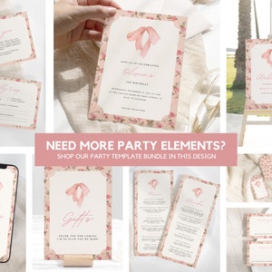 Pu&ograve; includere: Un set di modelli di festa stampabili con un design floreale rosa con un fiocco rosa. I modelli includono un cartello di benvenuto, inviti, biglietti di ringraziamento ed etichette regalo. Il testo sull'invito recita "Unisciti a noi per celebrare il 2&deg; compleanno di Olivia".