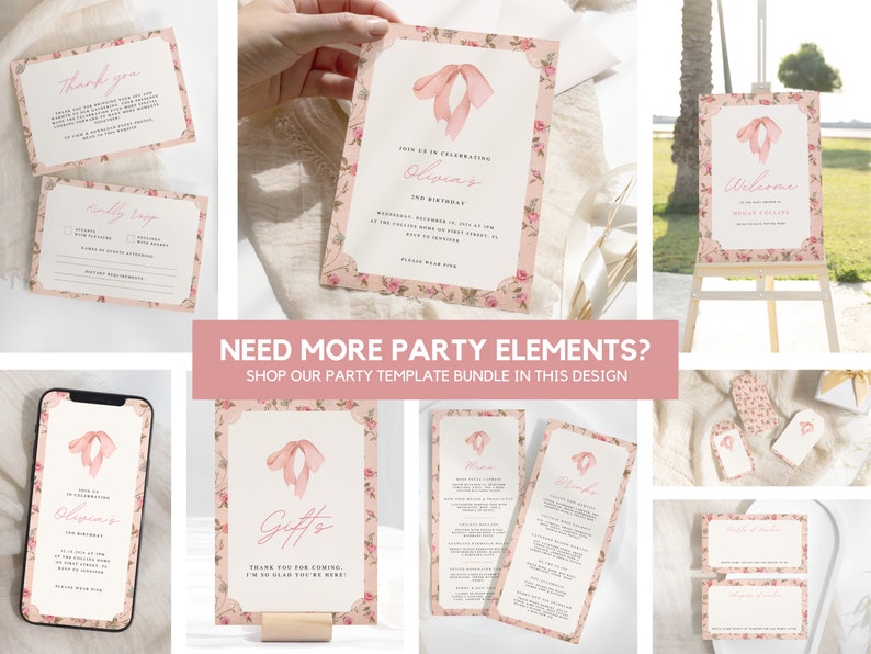 Pu&ograve; includere: Un set di modelli di festa stampabili con un design floreale rosa con un fiocco rosa. I modelli includono un cartello di benvenuto, inviti, biglietti di ringraziamento ed etichette regalo. Il testo sull'invito recita "Unisciti a noi per celebrare il 2&deg; compleanno di Olivia".