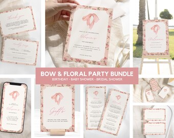 Floral Bow Party Invitation Bundle, Girly Pink Template (Digital Download)