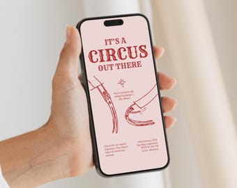 Modello di invito di Galentine, estetica circense retrò, Fun House, "È un circo là fuori", invito telefonico digitale modificabile Canva
