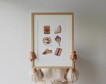 Stampa di icone di cibo retrò australiano / Arte murale nostalgica australiana / Illustrazione di snack australiani classici / Arte divertente da cucina / Stampa australiana