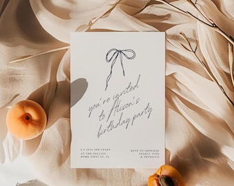 Modello di invito di compleanno moderno con fiocco, ragazza minimalista, Canva (download digitale)