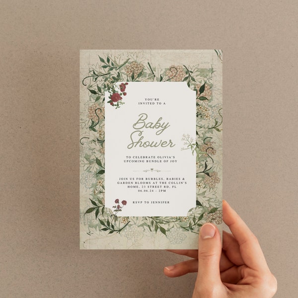 Vintage Flower Invite Template, Floral Feminine Invite, Garden Party Invite Girly Aesthetic Coquette Birthday Roses Vintage Party Theme