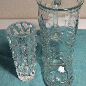 RARE Vintage 1970s Libbey Canada Cowboy Boot Pitcher and Luminarc France Triangular Cubist Glass Bud Vase Set, Clear Geometric Barware  Set