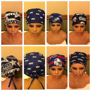 NFL Teams Fitted Tie Back  Scrub Cap ; Nurse  Hat; Surgical Cap; Chemo Cap