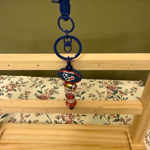 Puede incluir: Un llavero azul con un dije temático de fútbol americano. El dije incluye un balón de fútbol, un logotipo de los Houston Texans y otros elementos decorativos. El llavero está sujeto a una estantería de madera.