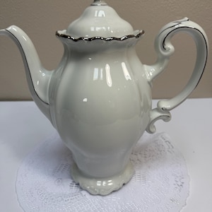 Vintage Johann Haviland Platinum Scroll Large Coffee Pot 11” Bavaria Germany - Pristine New Condition with Original Label