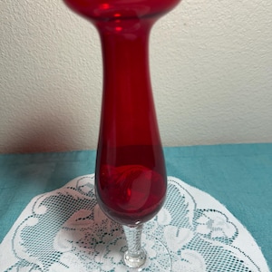 RARE FIND Vintage Ruby Red Art Glass Chalice Vase Clear Spiral Twist Stem, MCM Wide Rim Footed Compote Goblet Vase Italian Empoli  Style