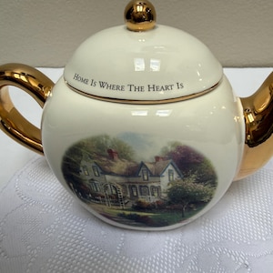 Vintage Thomas Kinkade Home Is Where the Heart Is Teapot""Teleflora Gift Porcelain Cottage Teapot Gold Trim""Collectible Cozy Cotta