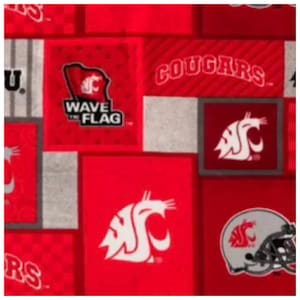May include: Red and gray fabric with a patchwork design featuring the Washington State Cougars logo, the words "COUGARS" and "WAVE THE FLAG".