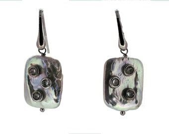 Freshwater Pearl Earrings On Silver Hook Scattered Cubic Zircons