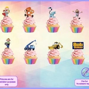 May include: Set of 8 pre-cut Bob the Builder cupcake toppers. The toppers feature Bob the Builder, Scoop, Dizzy, Muck,  and other characters from the show.  The toppers are printed on edible paper and are perfect for decorating cupcakes for a Bob the Builder themed party.