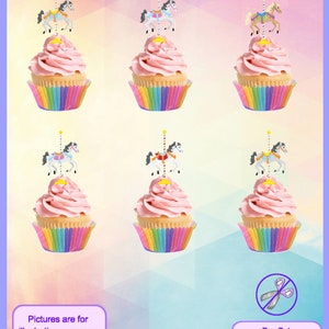 May include: Six pink cupcakes with rainbow cupcake liners. Each cupcake is topped with a pre-cut, edible image of a carousel horse. The image is pre-cut, so no scissors are required.  "Pre-Cut No scissors required" is written on the image.