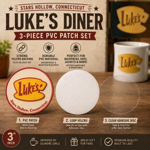 May include: A 3-inch round PVC patch set featuring the Luke's Diner logo from Stars Hollow, Connecticut. The set includes a circular PVC patch with hook backing, a white loop velcro disc, and a clear adhesive disc for versatile attachment options.