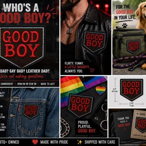 May include: A shield-shaped embroidered patch with a dark brown background and red text reading GOOD BOY. The patch measures 2.6 inches by 2.75 inches. It features a stitched border and is shown applied to various garments and bags in the image.