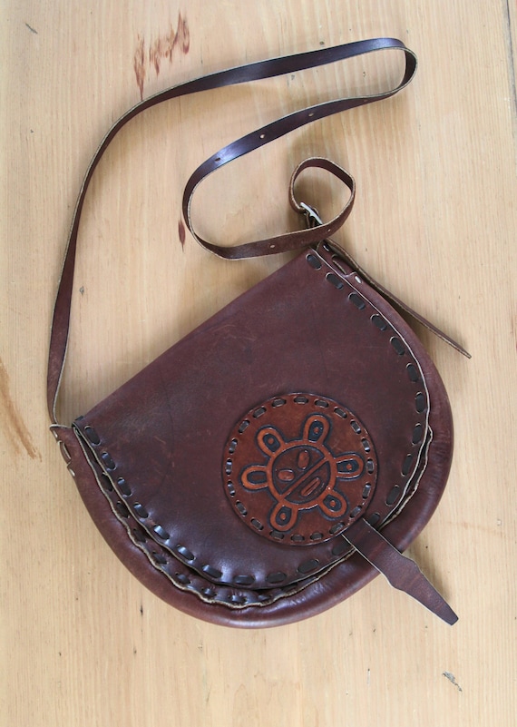 1960s | 1970s Tooled Sun Cross Body Bag Leather Ha