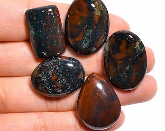 122 Ct Bloodstone Cabochon Mix Shape Lot Natural Bloodstone Loose Gemstone Making For Jewelry 5 Pcs 24X18-27X19 MM